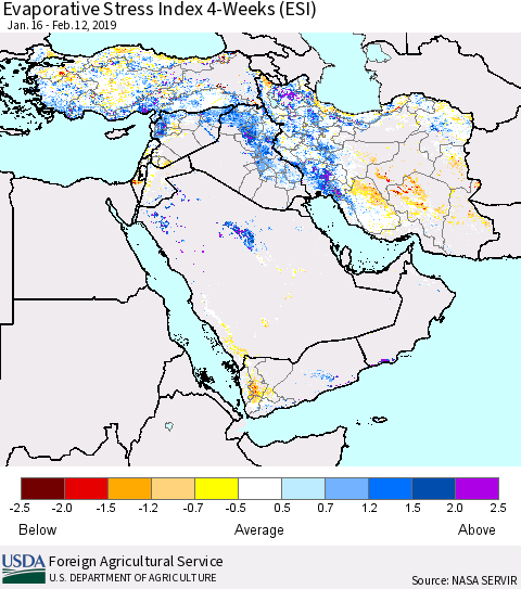 Middle East and Turkey Evaporative Stress Index (ESI), 4-Weeks Thematic Map For 2/11/2019 - 2/17/2019