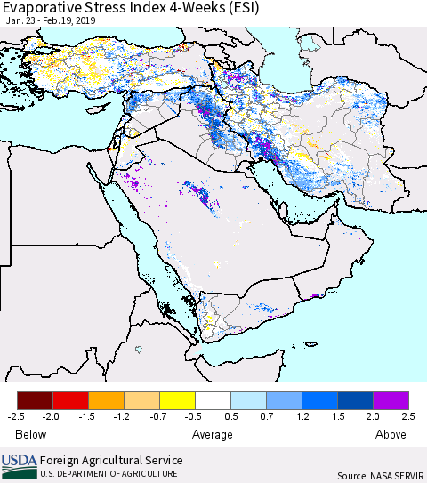 Middle East and Turkey Evaporative Stress Index (ESI), 4-Weeks Thematic Map For 2/18/2019 - 2/24/2019