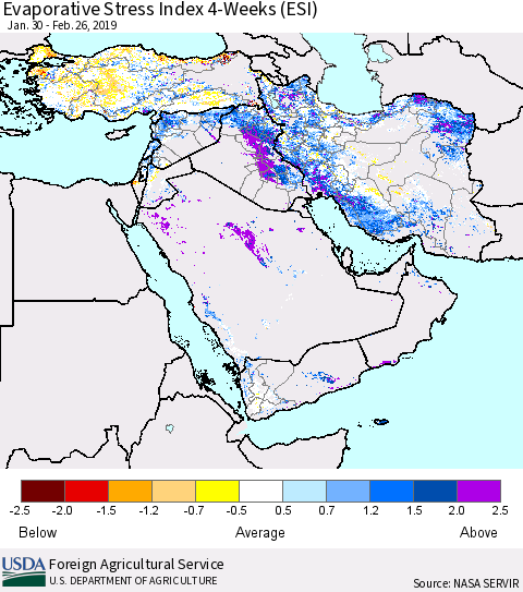 Middle East and Turkey Evaporative Stress Index (ESI), 4-Weeks Thematic Map For 2/25/2019 - 3/3/2019