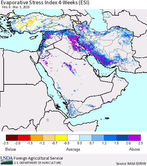Middle East and Turkey Evaporative Stress Index (ESI), 4-Weeks Thematic Map For 3/4/2019 - 3/10/2019