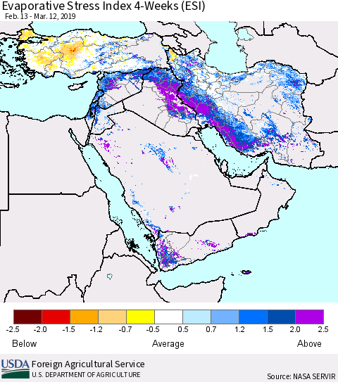 Middle East and Turkey Evaporative Stress Index (ESI), 4-Weeks Thematic Map For 3/11/2019 - 3/17/2019