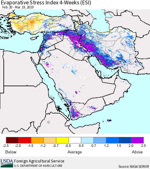 Middle East and Turkey Evaporative Stress Index (ESI), 4-Weeks Thematic Map For 3/18/2019 - 3/24/2019