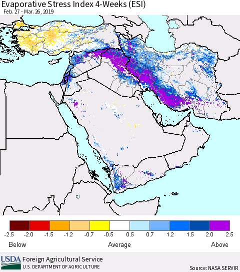 Middle East and Turkey Evaporative Stress Index (ESI), 4-Weeks Thematic Map For 3/25/2019 - 3/31/2019