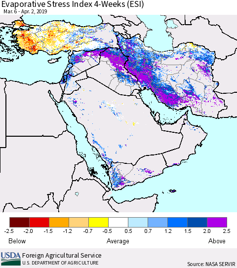 Middle East and Turkey Evaporative Stress Index (ESI), 4-Weeks Thematic Map For 4/1/2019 - 4/7/2019