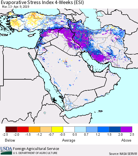 Middle East and Turkey Evaporative Stress Index (ESI), 4-Weeks Thematic Map For 4/8/2019 - 4/14/2019