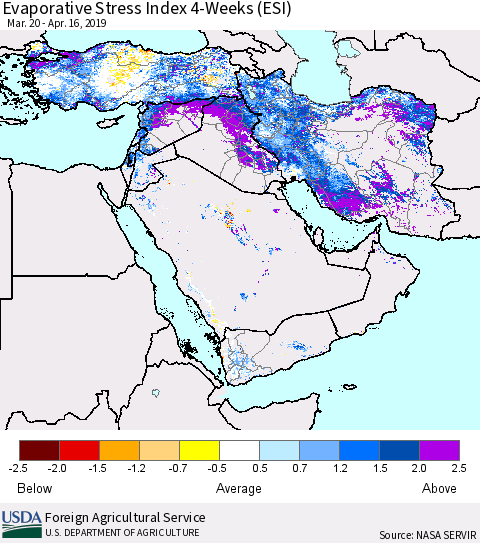 Middle East and Turkey Evaporative Stress Index (ESI), 4-Weeks Thematic Map For 4/15/2019 - 4/21/2019