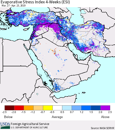 Middle East and Turkey Evaporative Stress Index (ESI), 4-Weeks Thematic Map For 4/22/2019 - 4/28/2019