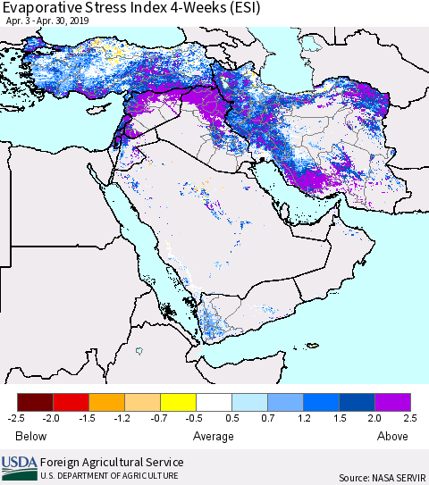 Middle East and Turkey Evaporative Stress Index (ESI), 4-Weeks Thematic Map For 4/29/2019 - 5/5/2019