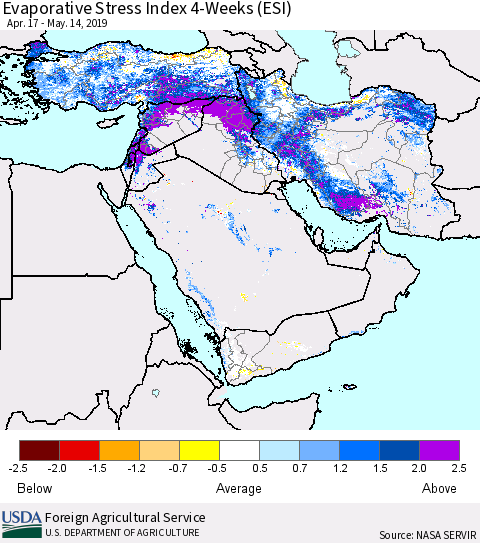 Middle East and Turkey Evaporative Stress Index (ESI), 4-Weeks Thematic Map For 5/13/2019 - 5/19/2019