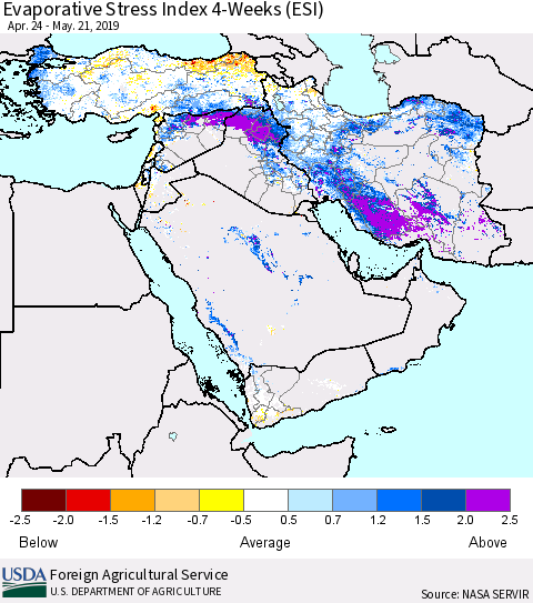 Middle East and Turkey Evaporative Stress Index (ESI), 4-Weeks Thematic Map For 5/20/2019 - 5/26/2019