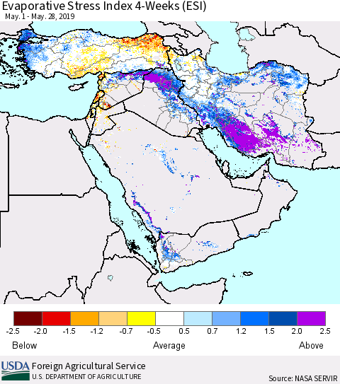 Middle East and Turkey Evaporative Stress Index (ESI), 4-Weeks Thematic Map For 5/27/2019 - 6/2/2019