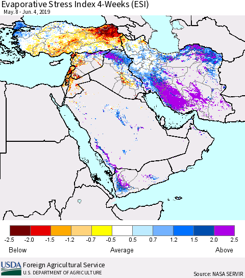 Middle East and Turkey Evaporative Stress Index (ESI), 4-Weeks Thematic Map For 6/3/2019 - 6/9/2019
