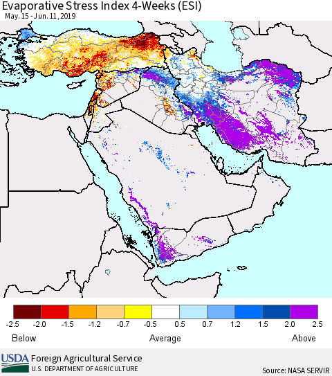 Middle East and Turkey Evaporative Stress Index (ESI), 4-Weeks Thematic Map For 6/10/2019 - 6/16/2019