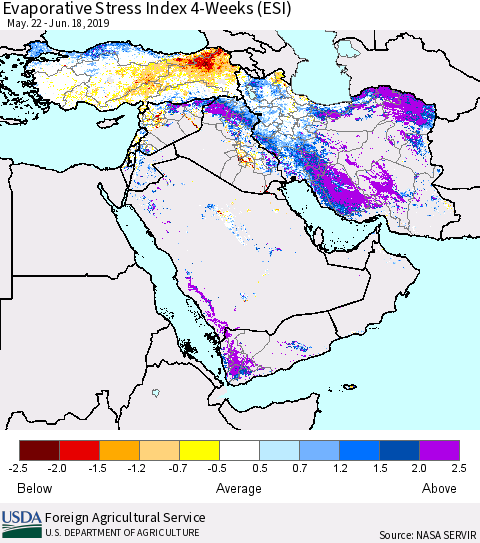 Middle East and Turkey Evaporative Stress Index (ESI), 4-Weeks Thematic Map For 6/17/2019 - 6/23/2019