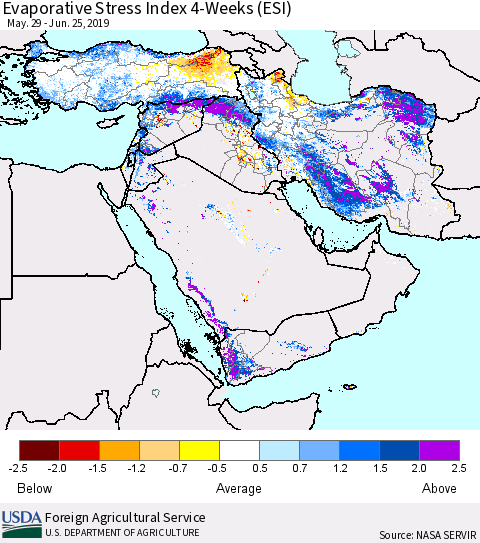Middle East and Turkey Evaporative Stress Index (ESI), 4-Weeks Thematic Map For 6/24/2019 - 6/30/2019
