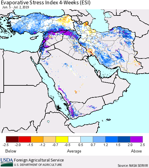Middle East and Turkey Evaporative Stress Index (ESI), 4-Weeks Thematic Map For 7/1/2019 - 7/7/2019