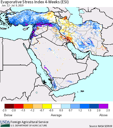 Middle East and Turkey Evaporative Stress Index (ESI), 4-Weeks Thematic Map For 7/8/2019 - 7/14/2019