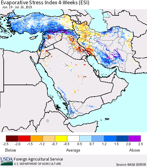 Middle East and Turkey Evaporative Stress Index (ESI), 4-Weeks Thematic Map For 7/15/2019 - 7/21/2019