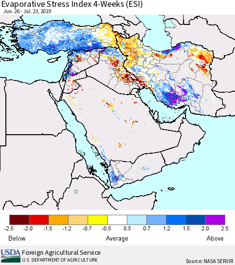 Middle East and Turkey Evaporative Stress Index (ESI), 4-Weeks Thematic Map For 7/22/2019 - 7/28/2019
