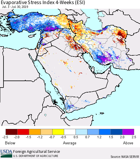 Middle East and Turkey Evaporative Stress Index (ESI), 4-Weeks Thematic Map For 7/29/2019 - 8/4/2019