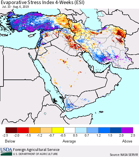 Middle East and Turkey Evaporative Stress Index (ESI), 4-Weeks Thematic Map For 8/5/2019 - 8/11/2019