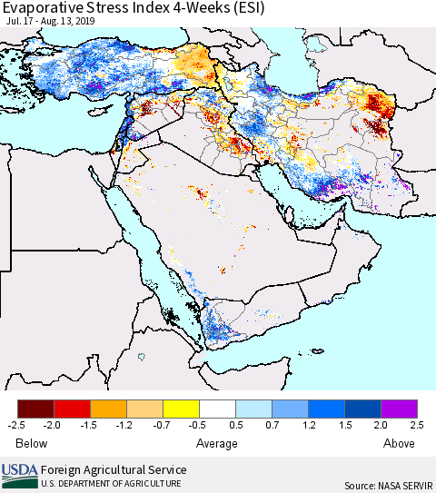 Middle East and Turkey Evaporative Stress Index (ESI), 4-Weeks Thematic Map For 8/12/2019 - 8/18/2019