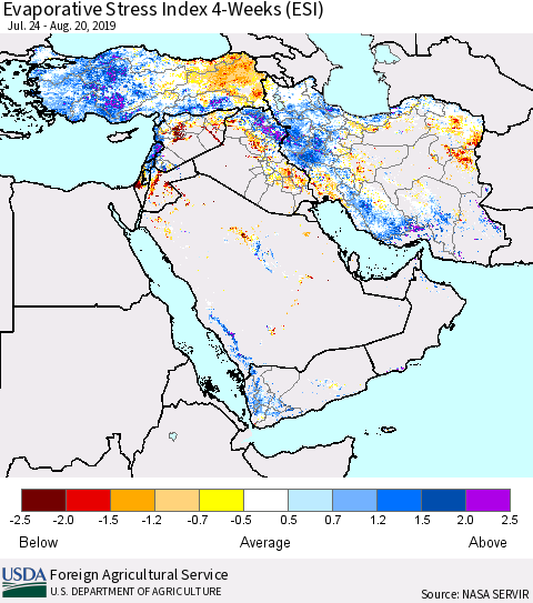 Middle East and Turkey Evaporative Stress Index (ESI), 4-Weeks Thematic Map For 8/19/2019 - 8/25/2019