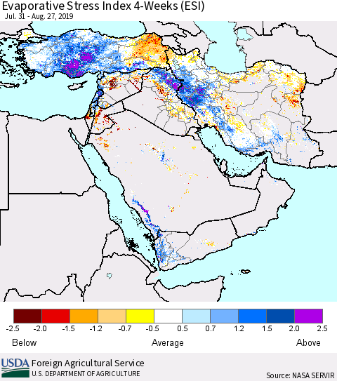 Middle East and Turkey Evaporative Stress Index (ESI), 4-Weeks Thematic Map For 8/26/2019 - 9/1/2019