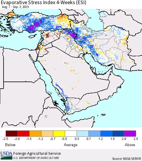 Middle East and Turkey Evaporative Stress Index (ESI), 4-Weeks Thematic Map For 9/2/2019 - 9/8/2019