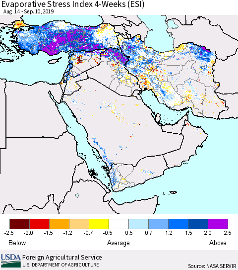 Middle East and Turkey Evaporative Stress Index (ESI), 4-Weeks Thematic Map For 9/9/2019 - 9/15/2019