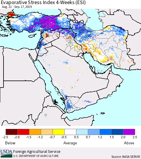 Middle East and Turkey Evaporative Stress Index (ESI), 4-Weeks Thematic Map For 9/16/2019 - 9/22/2019