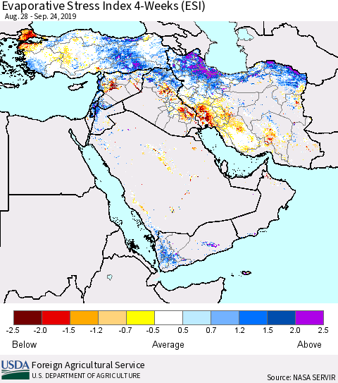 Middle East and Turkey Evaporative Stress Index (ESI), 4-Weeks Thematic Map For 9/23/2019 - 9/29/2019