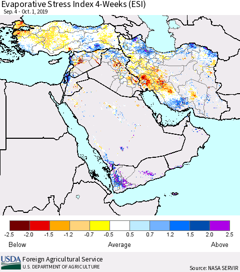 Middle East and Turkey Evaporative Stress Index (ESI), 4-Weeks Thematic Map For 9/30/2019 - 10/6/2019