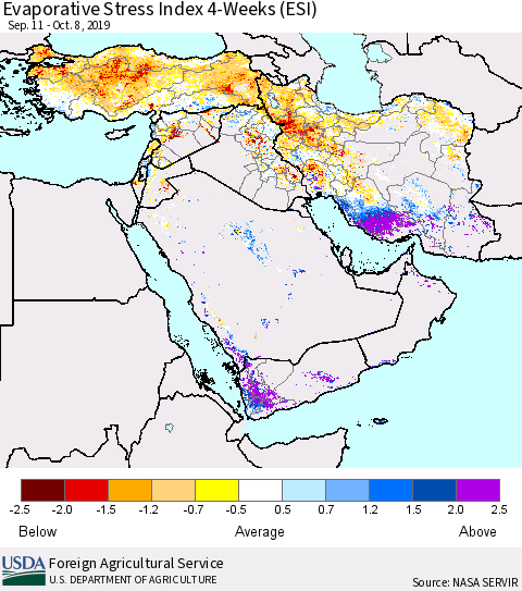 Middle East and Turkey Evaporative Stress Index (ESI), 4-Weeks Thematic Map For 10/7/2019 - 10/13/2019