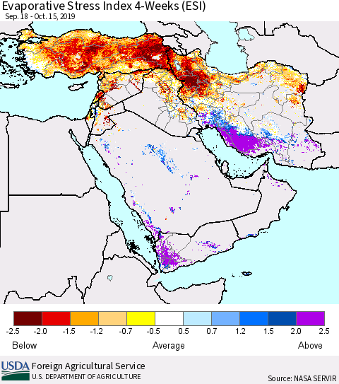 Middle East and Turkey Evaporative Stress Index (ESI), 4-Weeks Thematic Map For 10/14/2019 - 10/20/2019