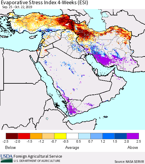 Middle East and Turkey Evaporative Stress Index (ESI), 4-Weeks Thematic Map For 10/21/2019 - 10/27/2019