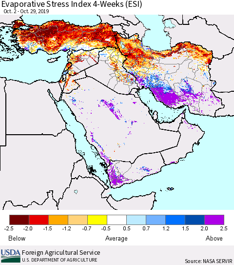 Middle East and Turkey Evaporative Stress Index (ESI), 4-Weeks Thematic Map For 10/28/2019 - 11/3/2019