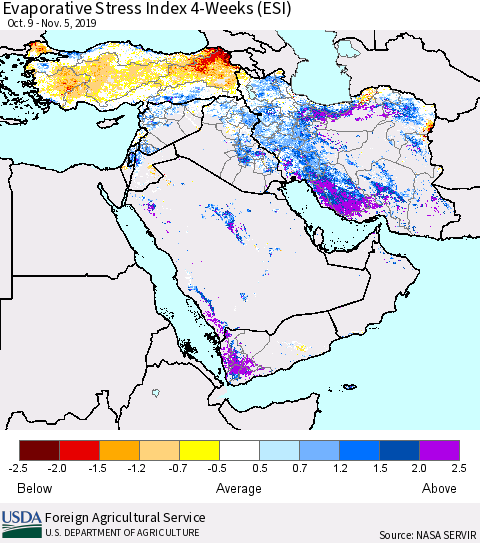 Middle East and Turkey Evaporative Stress Index (ESI), 4-Weeks Thematic Map For 11/4/2019 - 11/10/2019