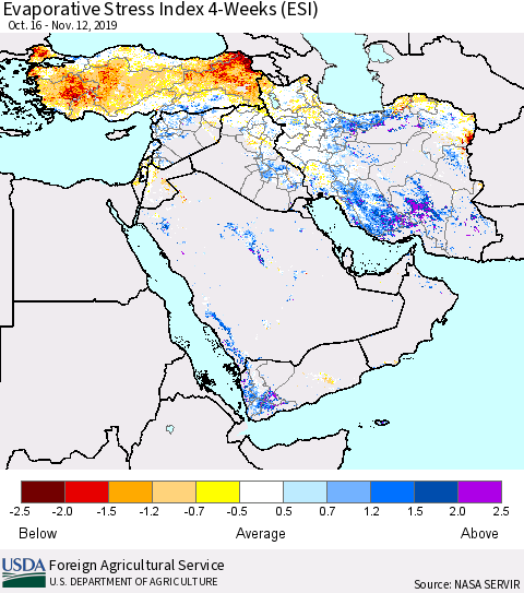 Middle East and Turkey Evaporative Stress Index (ESI), 4-Weeks Thematic Map For 11/11/2019 - 11/17/2019