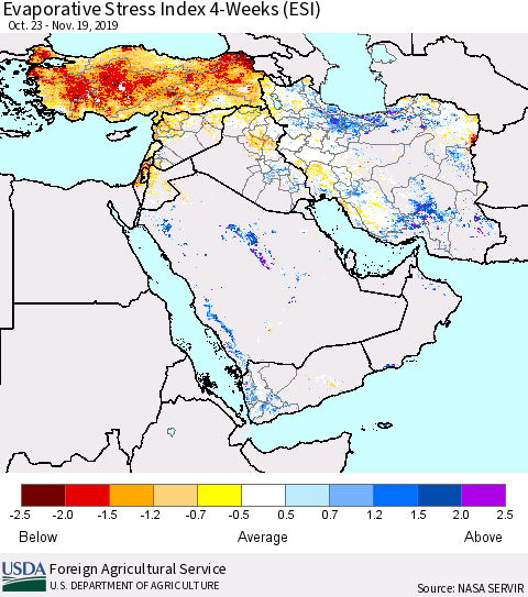 Middle East and Turkey Evaporative Stress Index (ESI), 4-Weeks Thematic Map For 11/18/2019 - 11/24/2019