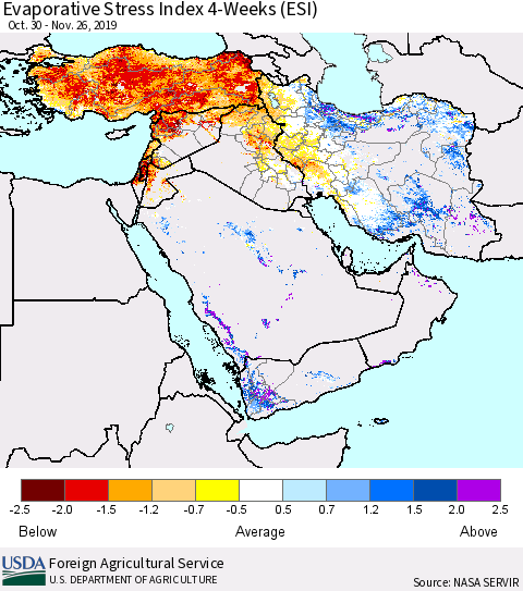 Middle East and Turkey Evaporative Stress Index (ESI), 4-Weeks Thematic Map For 11/25/2019 - 12/1/2019