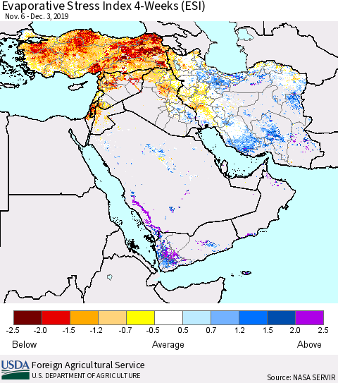 Middle East and Turkey Evaporative Stress Index (ESI), 4-Weeks Thematic Map For 12/2/2019 - 12/8/2019