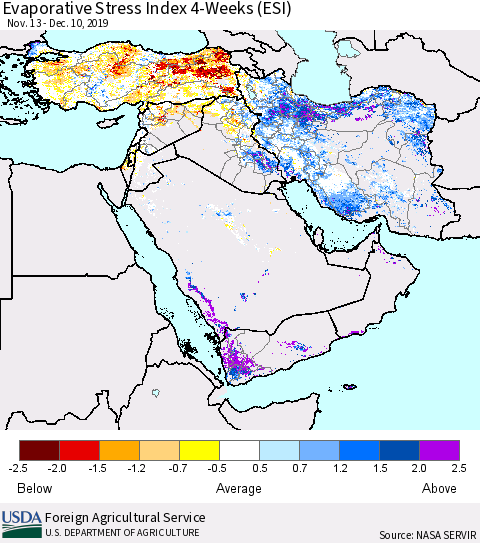 Middle East and Turkey Evaporative Stress Index (ESI), 4-Weeks Thematic Map For 12/9/2019 - 12/15/2019
