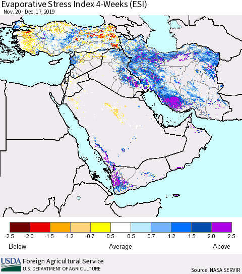 Middle East and Turkey Evaporative Stress Index (ESI), 4-Weeks Thematic Map For 12/16/2019 - 12/22/2019