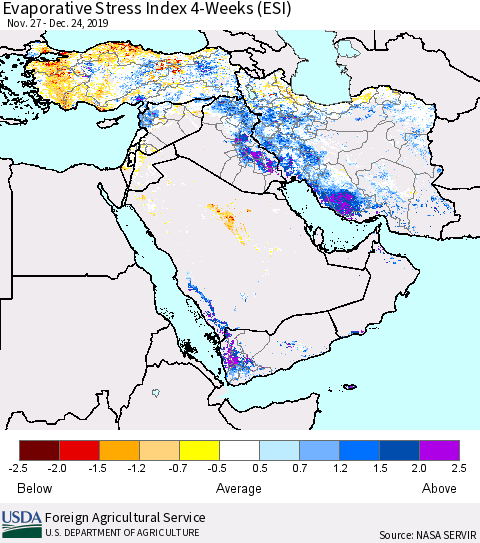 Middle East and Turkey Evaporative Stress Index (ESI), 4-Weeks Thematic Map For 12/23/2019 - 12/29/2019