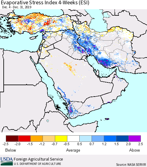 Middle East and Turkey Evaporative Stress Index (ESI), 4-Weeks Thematic Map For 12/30/2019 - 1/5/2020
