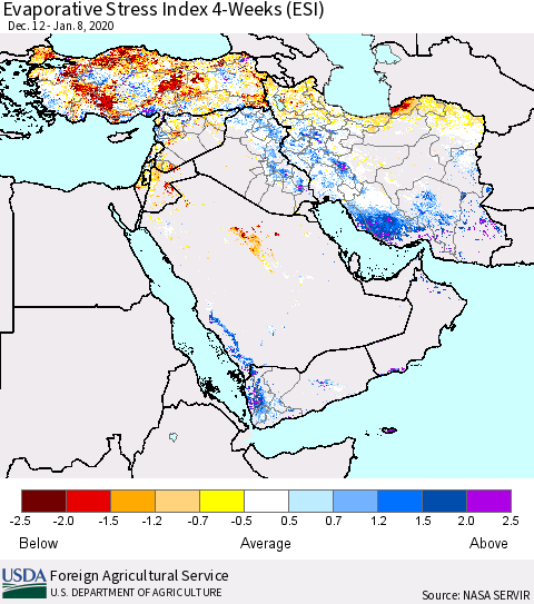 Middle East and Turkey Evaporative Stress Index (ESI), 4-Weeks Thematic Map For 1/6/2020 - 1/12/2020