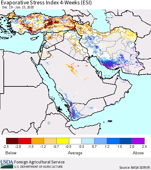 Middle East and Turkey Evaporative Stress Index (ESI), 4-Weeks Thematic Map For 1/13/2020 - 1/19/2020