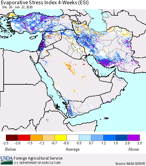 Middle East and Turkey Evaporative Stress Index (ESI), 4-Weeks Thematic Map For 1/20/2020 - 1/26/2020