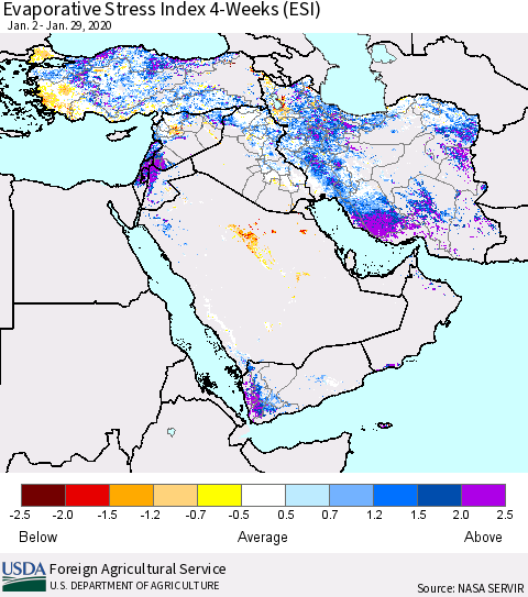 Middle East and Turkey Evaporative Stress Index (ESI), 4-Weeks Thematic Map For 1/27/2020 - 2/2/2020